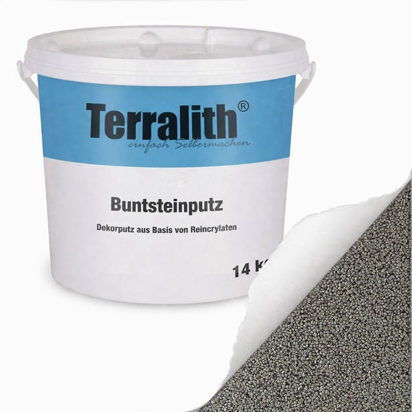 Terralith Buntsteinputz im 14 Kilogramm Eimer für Dekorputz aus reinen Acrylaten mit grauer Strukturprobe.