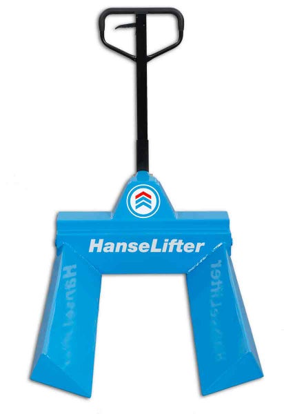 Blauer HanseLifter Fasslifter aus Metall mit schwarzem Handgriff.