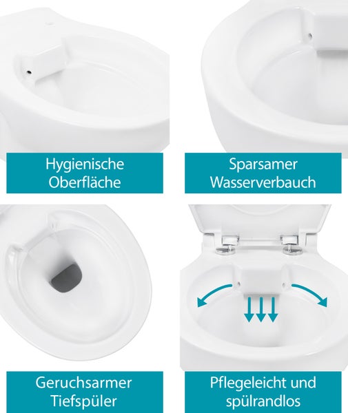 Calmwaters® Spülrandloses Wand WC im Set mit WC Sitz & Schallschutz, antibakterieller Toilettendeckel mit doppelter Absenkautomatik & abnehmbar, WC ohne Spülrand, mit Schallschutzmatte, 99000258