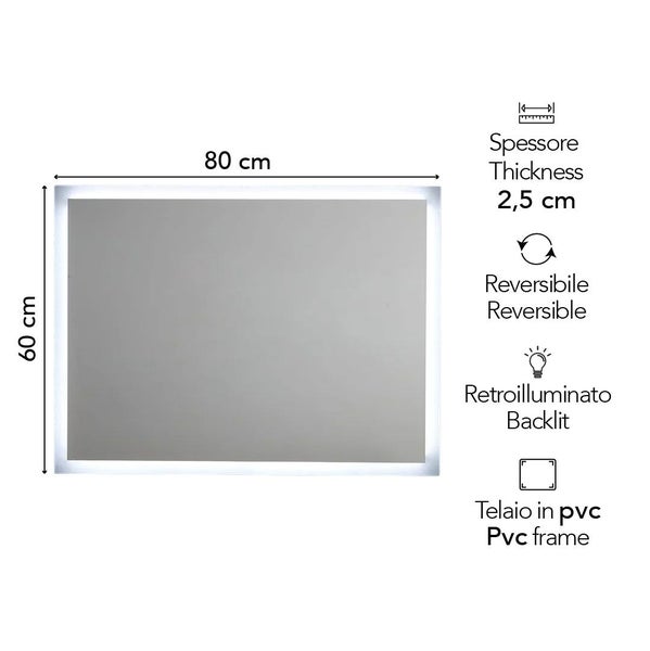 Rechteckiger Badezimmerspiegel mit LED-Hintergrundbeleuchtung, 80 mal 60 Zentimeter, Stärke 2,5 Zentimeter, wendbar, PVC-Rahmen.