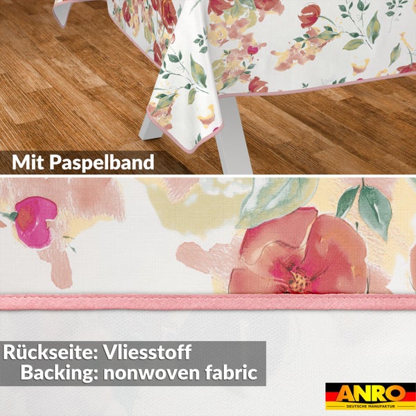 Tischdecke mit Blumenmuster, Paspelband und Rückseite aus Vliesstoff. ANRO Logo.