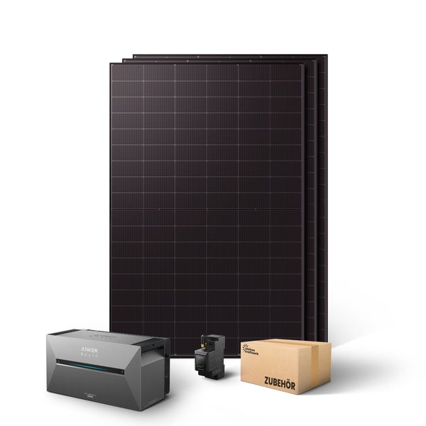 Balkonkraftwerk Set bestehend aus Solarmodulen, Anker Solix Speichersystem, Smart Meter und Zubehörbox.