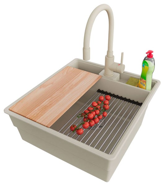 Küchenspüle mit Schneidebrett, Abtropfgitter und Spülmittel