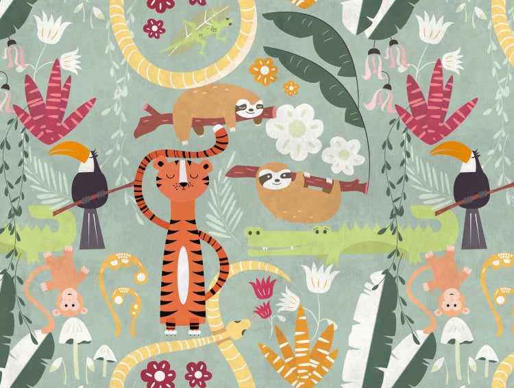 Illustration einer Dschungelszene mit verschiedenen Tieren und Pflanzen