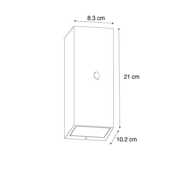 Maßzeichnung einer rechteckigen Wandleuchte mit den Maßen Höhe 21 Zentimeter, Breite 8,3 Zentimeter und Tiefe 10,2 Zentimeter.