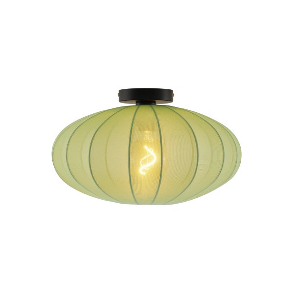 Moderne Deckenleuchte mit ovalem grünem Textilschirm und schwarzer Metallhalterung sowie sichtbarem Leuchtmittel.