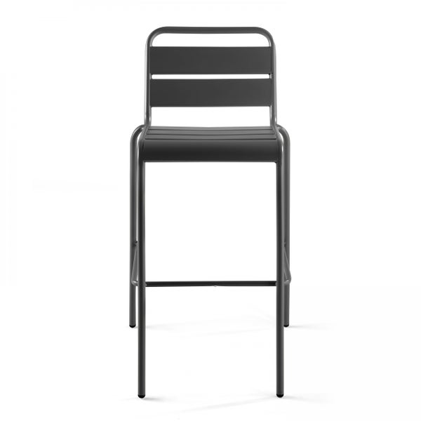 Barstuhl aus Metall mit Rückenlehne und Sitzfläche aus Querstreben sowie Fußstütze in Grau