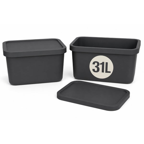 Zwei rechteckige Aufbewahrungsboxen aus Kunststoff mit einem Fassungsvermögen von 31 Litern und abnehmbaren Deckeln.