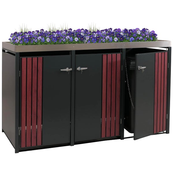 Mülltonnenbox mit Edelstahlabdeckung und Blumenbepflanzung