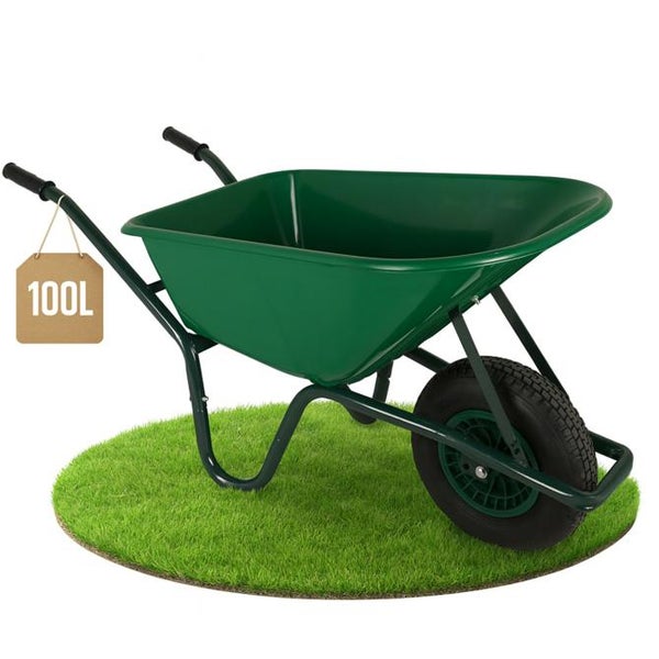 Grüne Schubkarre mit einem Fassungsvermögen von 100 Litern