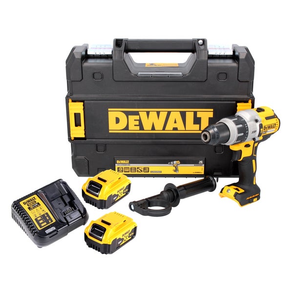 DeWalt Akku-Schlagbohrschrauber-Set mit zwei 18 Volt Akkus, Ladegerät, Zusatzhandgriff und Transportkoffer.