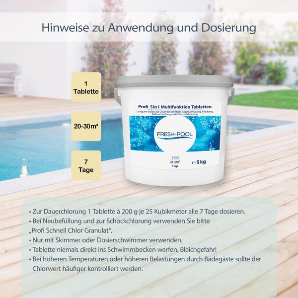 Fresh-Pool Profi 5in1 Multifunktion Tabletten 200g 5 kg -<br />Chlortabletten für Pool mit Algizid und Flockung |<br />Multifunktionstabletten | Multitabs 5 in 1 200g