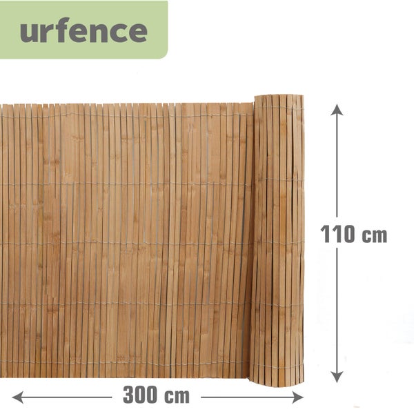 urfence Logo. Sichtschutzmatte aus Bambuslamellen mit einer Höhe von 110 Zentimetern und einer Breite von 300 Zentimetern.