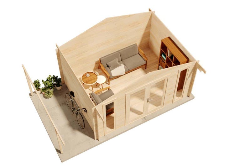 Modernes Gartenhaus aus hellem Holz mit Doppelflügeltür aus Glas und einem seitlichen Schleppdach auf einer Rasenfläche im Garten.