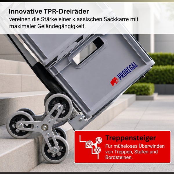Treppensteiger-Sackkarre mit TPR-Dreirädern beim Überwinden von Steinstufen, beladen mit einer Transportbox. Proregal Logo.