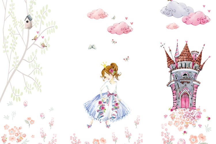 Wandsticker mit Prinzessin Motiv, Schloss, Baum und Blumen für eine märchenhafte Dekoration im Kinderzimmer.