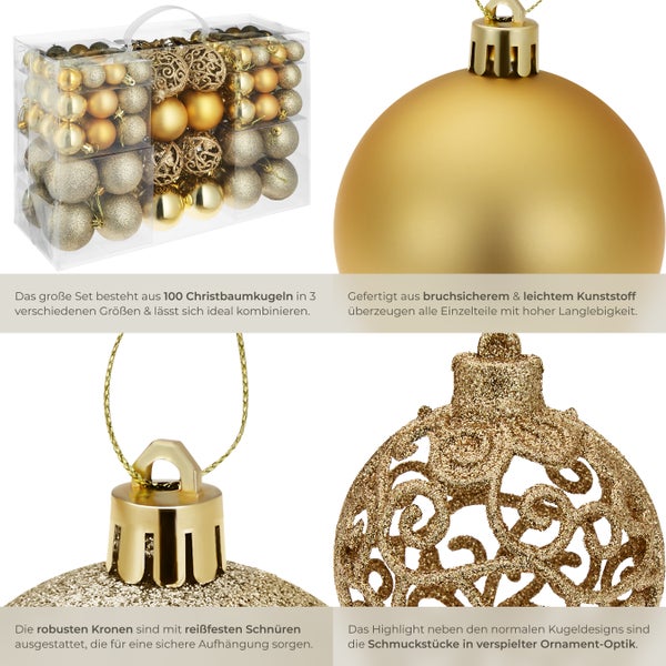 Set mit 100 goldenen Christbaumkugeln in verschiedenen Ausführungen und Größen