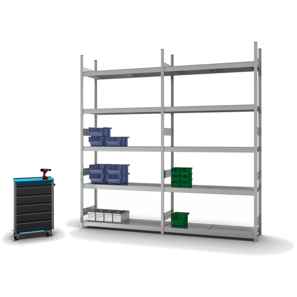 PROREGAL Weitspannregal Stecksystem T-Profil Grundregal HxBxT 300x150x40 cm 5 Ebenen Stahlplatten Fachboden Fachlast 350 kg Verzinkt