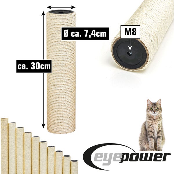 Sisal-Ersatzstamm für Kratzbäume, Länge circa 30 cm, Durchmesser circa 7,4 cm, mit M8-Gewinde.