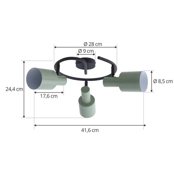 Abmessungen einer Deckenleuchte mit drei Strahlern