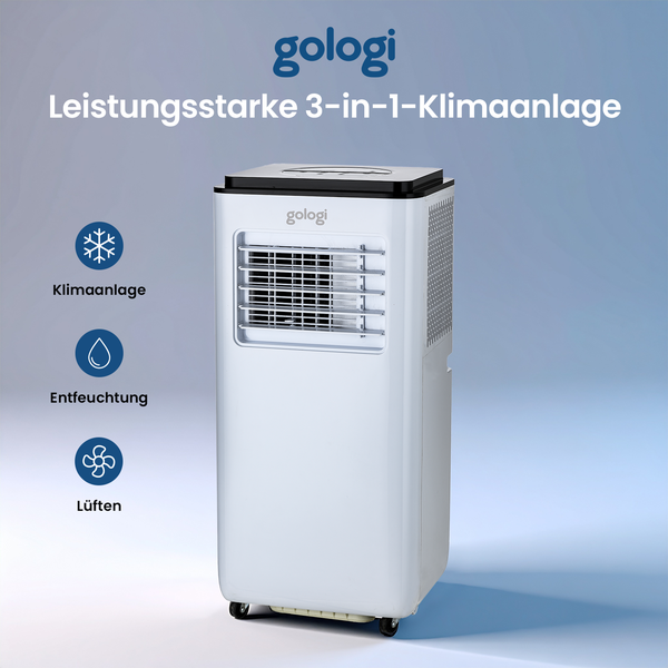 Gologi 3-in-1 Mobile Klimaanlage – Luftkühler mit WLAN und App – 9.000 BTU/h – Mit Fensterabdichtungsset – Inklusive Fernbedienung – Für Schlafzimmer geeignet – Weiß