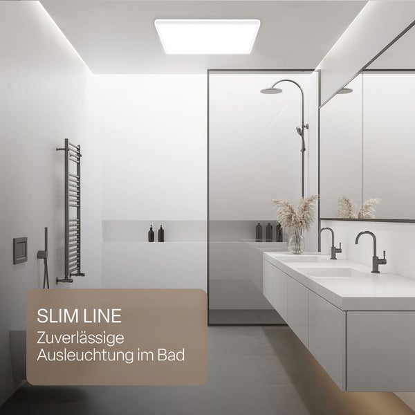 Modernes flaches LED-Panel an der Decke im Schlafzimmer sorgt für warmes harmonisches Licht und eine gemütliche Atmosphäre.
