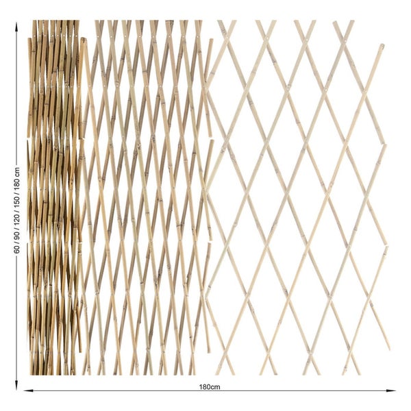 Ausziehbarer Bambuszaun mit einer Höhe von 60, 90, 120, 150 oder 180 Zentimetern und einer Breite von 180 Zentimetern.