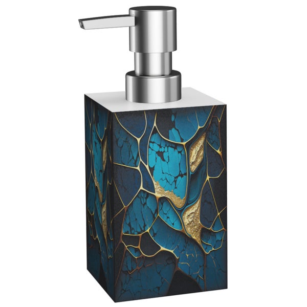Seifenspender mit quadratischem Korpus und metallischem Pumpkopf in modernem Design.
