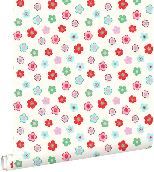 ESTAhome Tapete Blumenmuster Hellblau, Grün und Rot - 53 cm x 10.05 m - 138726