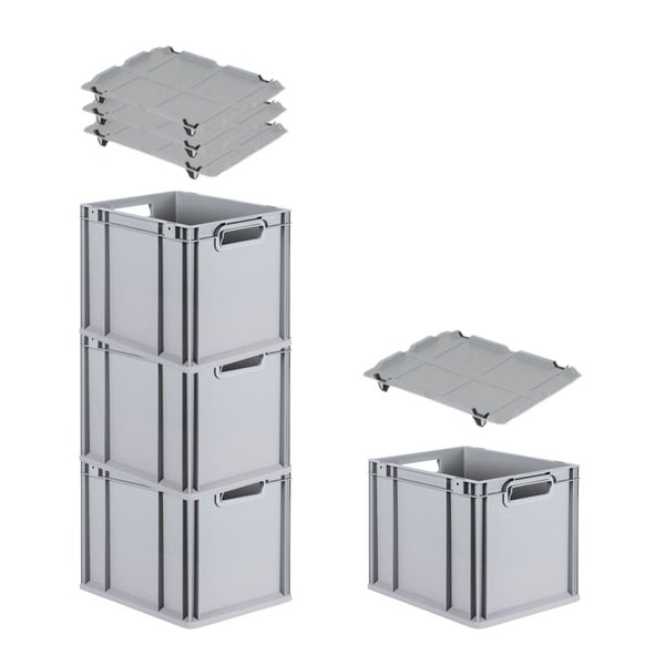 PROREGAL Spar Set 4x Eurobox Nextgen Economy Mit Auflagedeckel & 4x Schiebeschnappverschlüsse Schwarz Griffe Offen HxBxT 32 x 30 x 40 cm 30 Liter