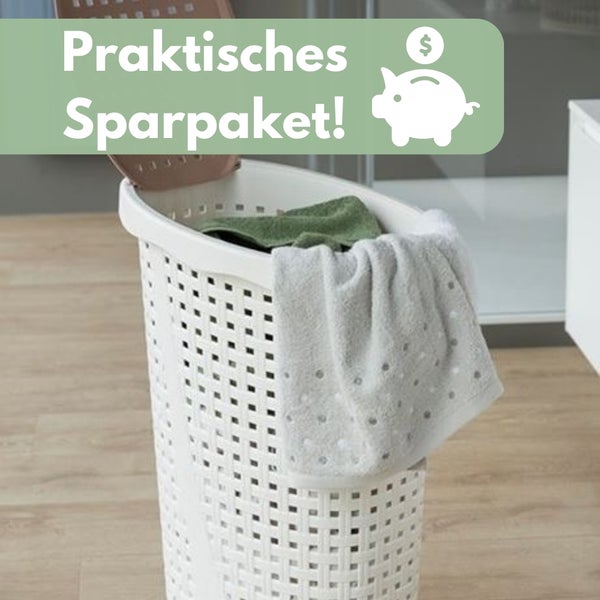 Wäschekorb mit Textilien und dem Hinweis auf ein praktisches Sparpaket.