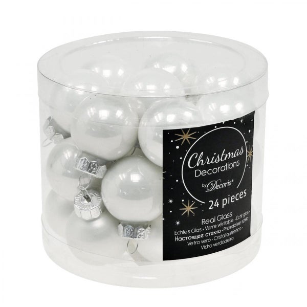 24er Packung weiße Christbaumkugeln aus Glas im Behälter