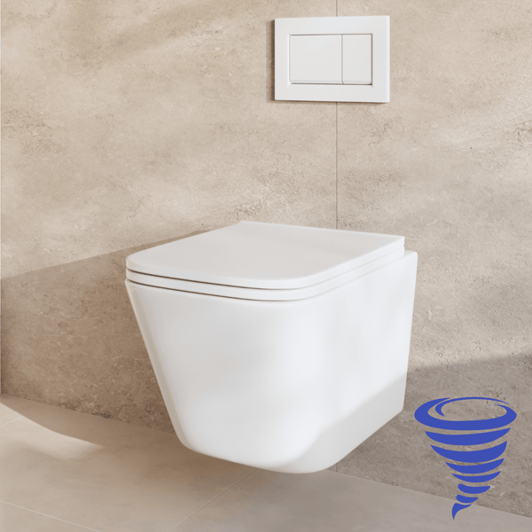 Wandhänge WC mit Spülrandlos-Technik und WC-Sitz vor einer gefliesten Wand mit Betätigungsplatte
