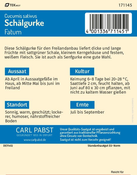 Rückseite der Saatgutpackung Carl Pabst Cucumis sativus Schälgurke Fatum mit Anbauanleitungen für Aussaat, Kultur, Standort und Ernte.