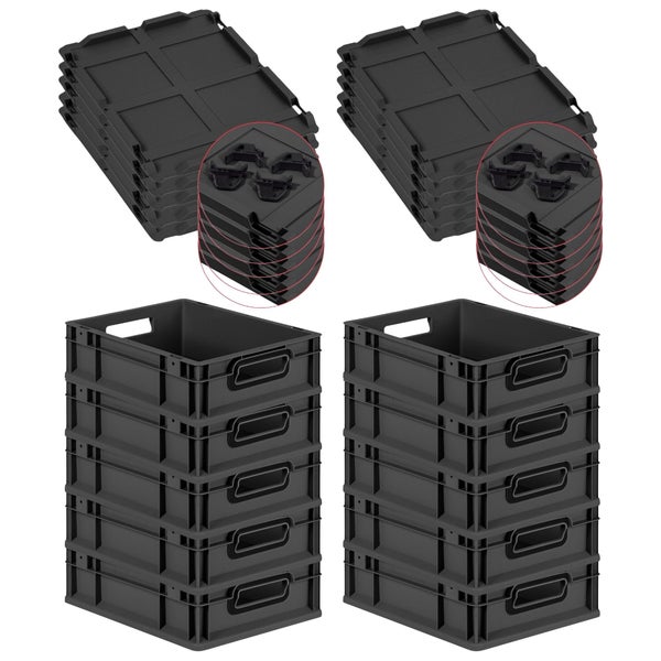 PROREGAL SparSet 10x Eurobox NextGen Color mit Auflagedeckel und Schiebeschnappverschlüsse, HxBxT 12x30x40cm, 11 Liter, Schwarz, Griffe schwarz offen, Eurobehälter, Transportbox, Transportbehälter, Stapelbehälter