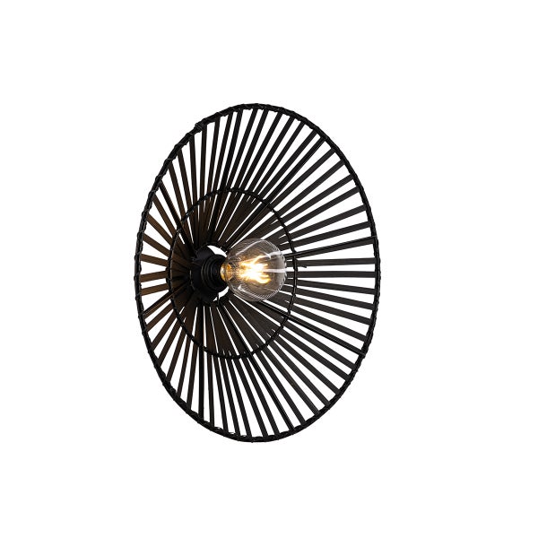 Runde Wandleuchte mit filigranem, schwarzem Metallgestell und Glühbirne