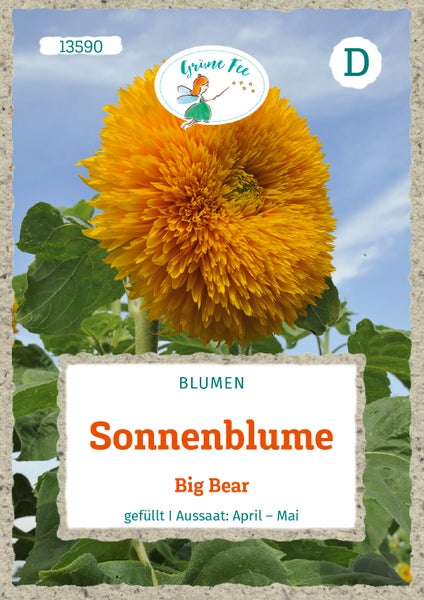 Samentüte für Sonnenblume Big Bear, Grüne Fee Logo, großblumig und gefüllt, Aussaat von April bis Mai.