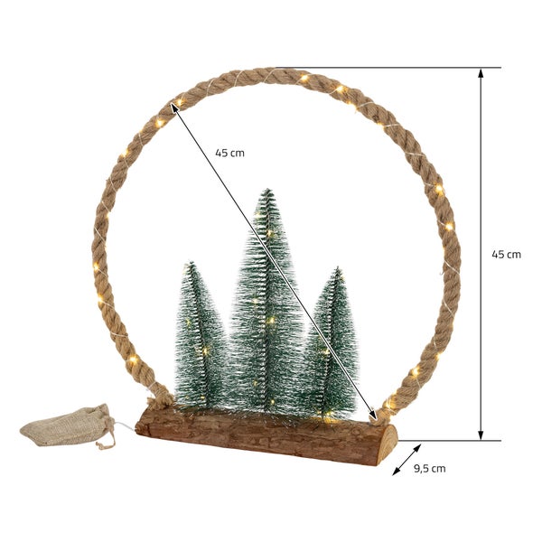 ECD Germany LED Jute Kreis mit LED-Beleuchtung 45x45x9,5 cm, Deko Weihnachtskreis aus Seil mit 45 warmweißen LEDs, 3 Tannen, Jutesäckchen, Batterien, Timer, Weihnachtsbeleuchtung Weihnachtsdeko Innen