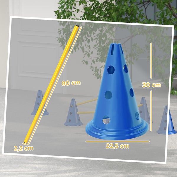 Blauer Trainingskegel, 30 Zentimeter hoch, 22,5 Zentimeter breit, mit gelber Stange, 80 Zentimeter lang, 2,2 Zentimeter Durchmesser.
