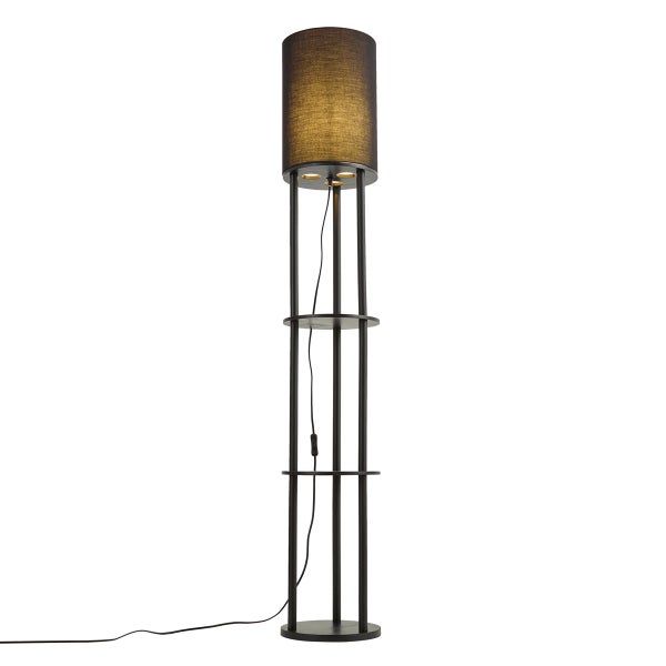 Moderne Stehlampe mit zylindrischem Lampenschirm und zwei integrierten Ablageflächen als Wohnzimmerbeleuchtung.