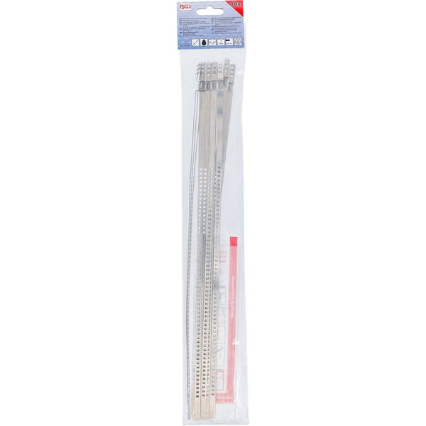 Zehn Universal-Schlauchschellen aus Edelstahl, bestehend aus neun gestreckten Stücken und einer ringförmig geschlossenen Schelle.