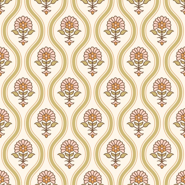 Nahtloses Muster mit stilisierten Blumen und geschwungenen Linien