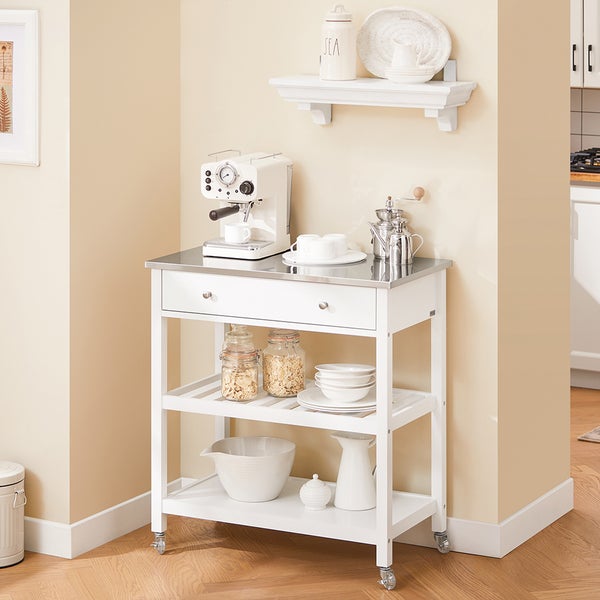 Küchenwagen mit Edelstahlarbeitsplatte, Schublade und Regalen