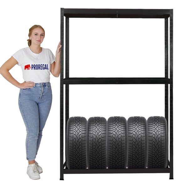 Reifenregal RAGNAR | HxBxT 180x120x40cm | bis zu 8 Reifen auf 2 Ebenen + Ablage | 265kg Fachlast | Schwarz