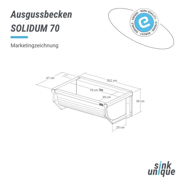 Technische Zeichnung des Ausgussbeckens SOLIDUM 70 mit Maßen 78,2 mal 47 mal 28 Zentimeter, Logo sink unique und KUNe Logo.
