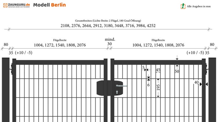 Gartentor ZAUNGURU BASIC-Line Berlin aus Metall, Höhe: 123cm, Breite: 334cm, 2-flügelig inkl. Pfosten, Schloss und Zubehör, Feuerverzinkt und zusätzlich in RAL 7016 Anthrazitgrau pulverbeschichtet