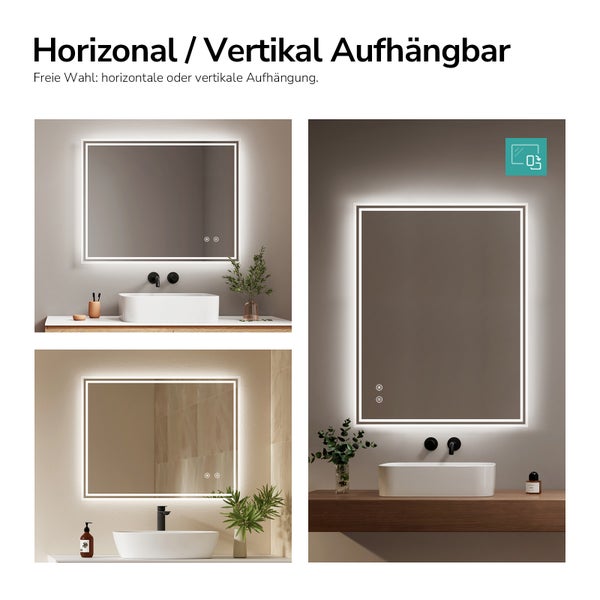 Moderner Badezimmerspiegel mit LED-Beleuchtung, horizontal und vertikal aufhängbar, montiert über einem Waschbecken.