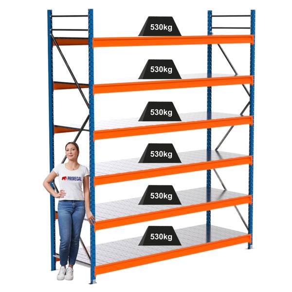 Regal mit sechs Ebenen und einer Traglast von 530 Kilogramm pro Ebene