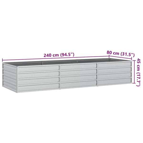 Hochbeet aus verzinktem Metall mit Maßen von 240 Zentimetern Länge, 80 Zentimetern Breite und 45 Zentimetern Höhe.
