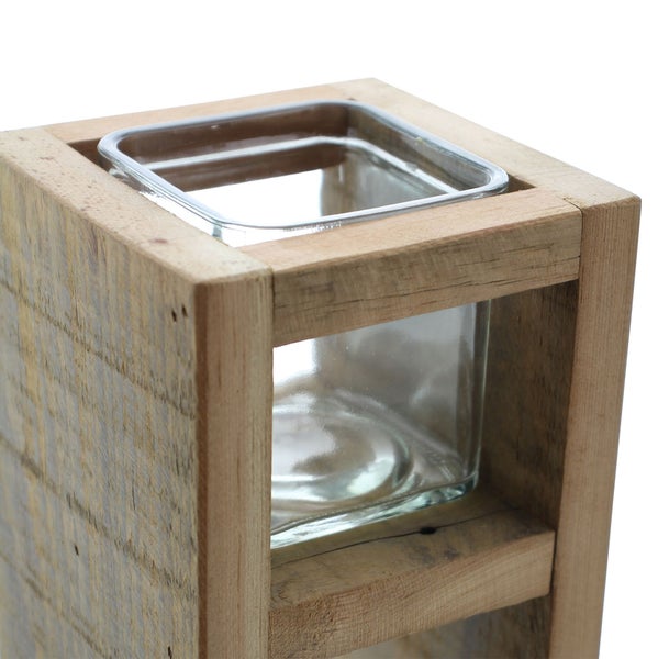 FRANK FLECHTWAREN | Windlichtsäule Wood, 2er Set, HOLZ, GLAS, 11 x 11 x 30 cm, 11 x 11 x 40 cm, Glas 7,5 cm